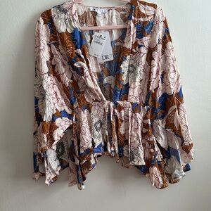 DR2 Women's Floral Wrap Blouse - Blue and Brown